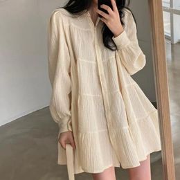 Casual Dresses Korejepo Minimalist Temperament Chic Spring Lapel Pleated Loose Clothes Single Breasted Bubble Sleeve Short Doll Dress