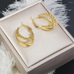 Stud Earrings Vintage Stainless Steel Gold Plated Geometric C-Shaped Tri-annular Pleated Texture Lava Hoop For Women Girls