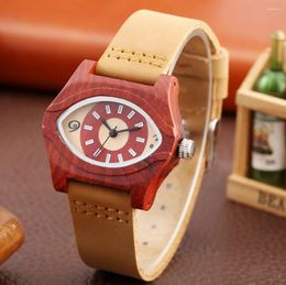 Wristwatches Red Wood Women's Quartz Wristwatch Brown Genuine Leather Watch Band Unique Eye Shaped Wooden Case Female Watches Gifts