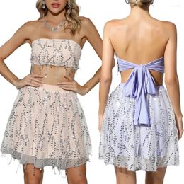 Work Dresses Sexy Woman Sequins Strapless Crop Tops And Skirt Lace-up Back Sleeveless Tees Tassels Mini Two Pieces Set Summer Clubwear