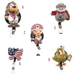 10pcs lot Sparkly Rhinestone Crystal Nurse Badge Reel Medical Doctor Symbol Retractable Animal Dog Butterfly Snowman Shape Badge R231b