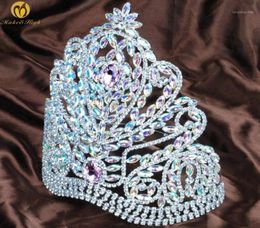 Hair Clips Barrettes Gorgeous Miss Pageant Large Tiaras And Crowns Pink AB Rhinestones Crystal Full Diadem Wedding Bridal Headba4190359