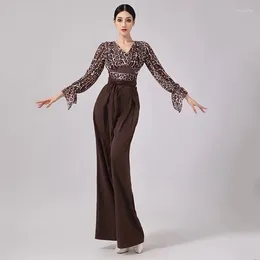 Stage Wear Ballroom Dance Clothes Women Adult Long Sleeves Leopard Tops Brown Pants Cha Rumba Latin Practise DNV19036