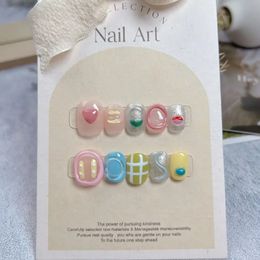 False Nails Handmade Blue Press on Nails Short Korean Cute Hand Paint 3d Design Reusable Adhesive False Nails Acrylic Artificial Manicure 231214