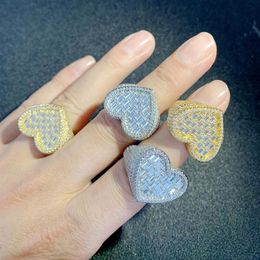 Wide Band Heart Shaped Ring Full Paved White Baguette CZ Iced Out Bling Square Cubic Zircon Fashion Lover Jewelry for Women Men224O