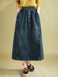 Skirts Autumn Winter Retro Elastic Waist Button Spliced Denim Skirt Women Casual Slim-type All-match