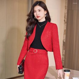 Two Piece Dress Elegant Tweed Women Skirt Suit 2023 Autumn Winter Black Red Blue Business Formal Short Jacket Office Lady 2 Blazer Set