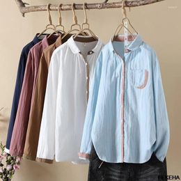 Women's Blouses Women Cotton Yarn Shirts Patchwork Loose White Blue Long Sleeve Lady Tops Female Clothes