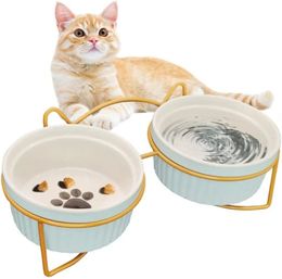 Dog Bowls Feeders ATUBAN Raised Cat Bowl Ceramic Double Bowls with Metal Stand Elevated Pet Food and Water Dishes Set for Cat Kitten Puppy Dog 231213