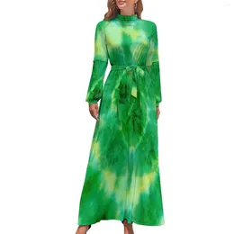 Casual Dresses Green Tie Dye Dress High Waist Abstract Print Design Bohemia Long Sleeve Korean Fashion Maxi Modern Vestidos