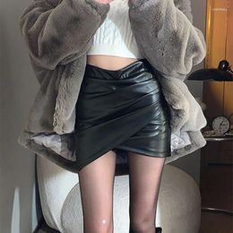 Skirts Lucyever Black PU Leather Mini Woman High Waist Sexy Bodycon Short Skirt Female Fashion Korean Slim Folds Irregular