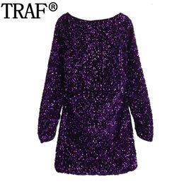 Urban Sexy Dresses TRAF Glitter Sequin Dress Woman Purple Short For Women Autumn Long Sleeve Mini Backless Christmas Party 231213