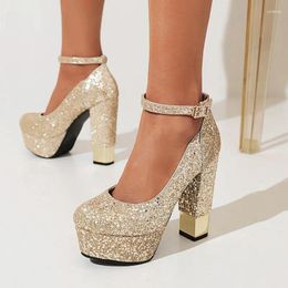 Dress Shoes Ochanmeb Sequin Gold Pumps Women Blingbling Glitter Silver High-heels Lady Thick Heels Platform Buckle Wedding Party