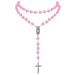 Pendant Necklaces Catholic Pink Purple White Blue Pearl Beads Rosary Necklace With Virgin Mary Medal & Cross Fashion Jewelry