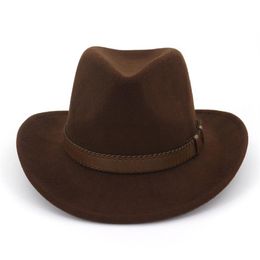 Wide Brim Wool Felt Cowboy Fedora Hats with Dark Brown Leather Band Women Men Classic Party Formal Cap Hat Whole286t