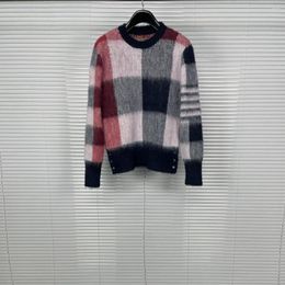 Men's Sweaters WinterB Mohair Sweater Crew Neck Knitwear Base Four Bars Wool Check Stripes Gray Red White Blue Ribbon Design Pullover