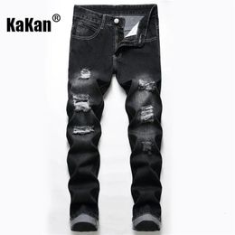 Jeans masculinos kakan europeu e americano angustiado para homens preto vendendo comprimento reto juventude k44 872 231214