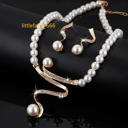 Vintage Simulated Pearl Jewellery Sets For Women Wedding Bridal Crystal Necklace Earrings Gold Colour African bridal Jewellery Set