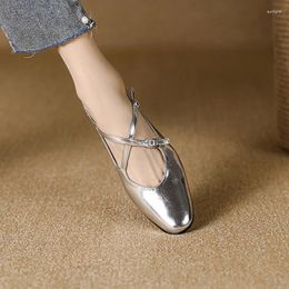 Dress Shoes 2023 Spring Women Pumps Genuine Leather For Round Toe Chunky Heel Solid Shallow Sliver Mary Janes