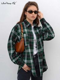 Women's Blouses Shirts Mnealways18 Vintage Green Women Gingham Shirts Spring 2024 Long Sleeve Oversize Blouses And Tops Street Style Pockets Lady Chic YQ231214