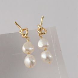 Dangle & Chandelier Peri'sBox 2 Natural Pearls Link Drop Earring Knotted Hollow Baroque Pearl Hanging Earrings Elegant Trendy298N