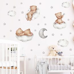 Cartoon 3 Cute Baby Bears Sleeping on the Cloud Stars Wall Stickers for Kids Room Baby Nursery Room Wall Decals Bedroom Stickers