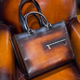berluti High quality large handbag, large shoulder bag, handmade, antique Coloured shopping bag, essential for commuting and travel