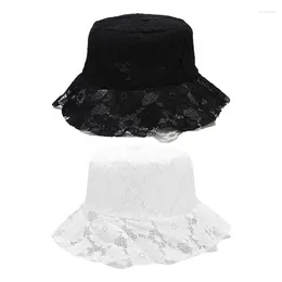 Berets Korean Vintage Ladies Summer Floppy Bucket Hat Elegant Embroidery Floral Lace Pleated Wide Brim Lightweight Packable For