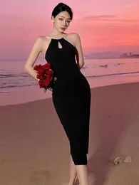 Casual Dresses Ladies Black Backless Fashion Elegant Halter Split Dress Women Summer Party High Waist Slim Sexy Beach Holiday Simplicity