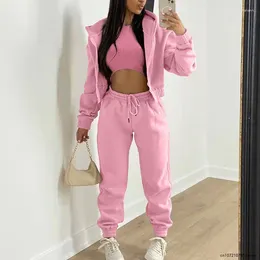 Women's Hoodies 3 Piece Sets Casual Long Sleeve Zip High Waist Ribbed TankSweatpants Jogger Pant Suits Sporty Three Pieces Outfit Women