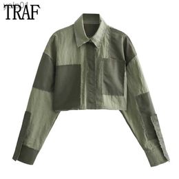 Women's Blouses Shirts TRAF Nylon Cropped Shirts for Women Patchwork Oversize Shirt Woman Snap Button Shirts and Blouses Women Long Sle Women ShirtsL231214