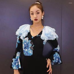 Stage Wear Ballroom Dance Performance Clothes Women Blue Flower Flared Sleeves Bodysuit Rumba Latin Tops Practise BL12126