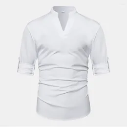 Men's Casual Shirts Spring Cotton Linen Henley Shirt White Long Sleeve Hippie Beach T Fashion Solid Colour V-neck Loose Mens