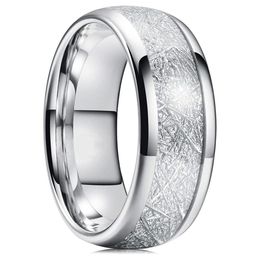 8mm Tungsten Mens Ring Inlay Meteorite Silver Polished Wedding Bands Men's 316L Stainless Steel Ring Size 7-13#215Z