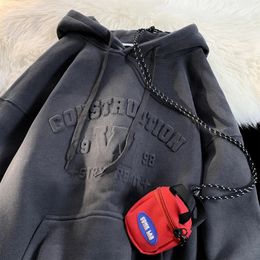 Mens Hoodies Sweatshirts Street Steel Stamp Printed Hooded Shirt Men Baggy Fashion Drawstring Front Pocket Pullover Hoody Oversize Male Hip Hop 231213