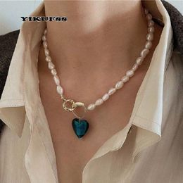 YIKUF88 s925 Sterling Silver Women Vintage Natural Pearl Blue Love Geometric Baroque Female Necklace276g