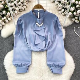 Women's Blouses Blusa Feminina Stand Satin Shirt Sleeve Flounced Edge Office Lady Blouse Femmes Pearl Beading Solid Camisas Autumn Drop