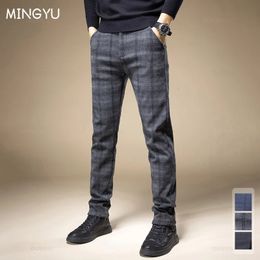 Men's Pants Autumn Winter Classic Plaid Work Stretch Men Cotton Business Straight Fit Thick Grey Black Blue Korea Casual Trousers Male 231213