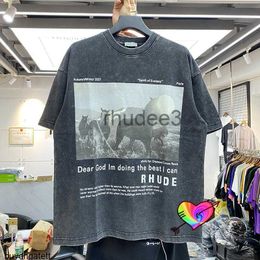Rhude Horse T-shirt Men Women High Quality Vintage Tee Make Old Washed Oversize Short Sleeve Xuqe FH8M