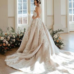 Stunningbride 2024 Gorgeous Strapless Chapel Train Mermaid Wedding Dress Luxury Appliques Lace Sparkly Tulle Trumpet Detachable Bridal Gown