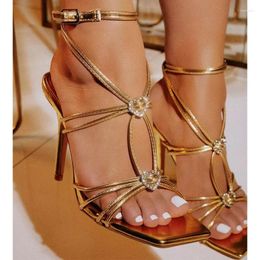 Dress Shoes Sexy Ankle Strap Gold Sandals For Women Party Nightclub Stripper High Heels Quality Crystal Diamond Pointed Wedding Big 42