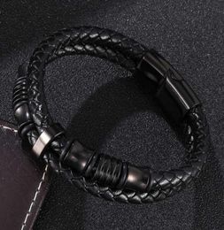 Charm Bracelets Fashion Men Black Leather Bangles Bileklik Pulseiras Stainless Steel Clasp Male Wrist Band Jewelry Gifts4213084