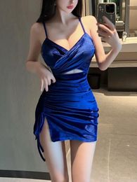 Casual Dresses Mini Dress Nightclub Spicy Girl Sexy Blue Velvet Strap V-Neck Low Chest Split Drawstring Short Tight Elegant Women 7XUO