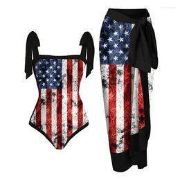 Women's Swimwear American Flag Printed Swimsuit Women 2023 High Waist Skirt Bikini Two Piece Slim Monokini Suspender Tie-up Bathing Suit