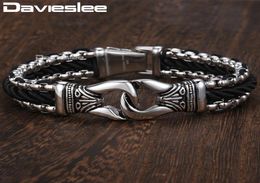 Davieslee Fashion Mens Manmade Leather Bracelet Stainless Steel Box Link Knot Charm Wristband 1213mm Gold Silver Colour DHB4965150673