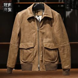 Men's Leather Faux 2023 highend fashion do old head layer cattle skin men's handsome jacket lapel A1 empty flight suit leather coat 231214