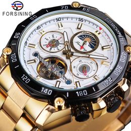 Forsining Classic Golden Tourbillon Mechanical Watch Mens Automatic Moonphase Calendar Stainless Steel Belts Clock Reloj Hombre202v