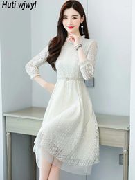 Casual Dresses Autumn Winter White Lace Hook Flower Hollow Luxury Long Dress 2023 Black Vintage Party Wedding Women Elegant Bodycon Robe