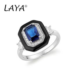 Wedding Rings LAYA 925 Sterling Silver Shining Blue Gemstone Black Enamel Square Ring For Women Men Wedding Original Jewellery Handmade Enamel 231214