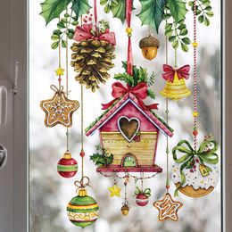 Merry Christmas Pine Tower Bell Leaves Wall Stickers for Window Glass Festival New Year Home Decorative Stickers Wall Decals PVC